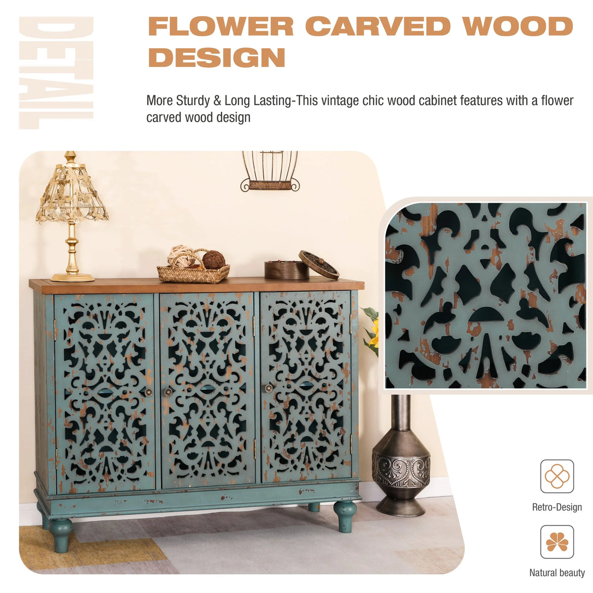 Sophia & William Hollow-Carved Credenzas and Sideboards, Wood Blue, 2 Shelves