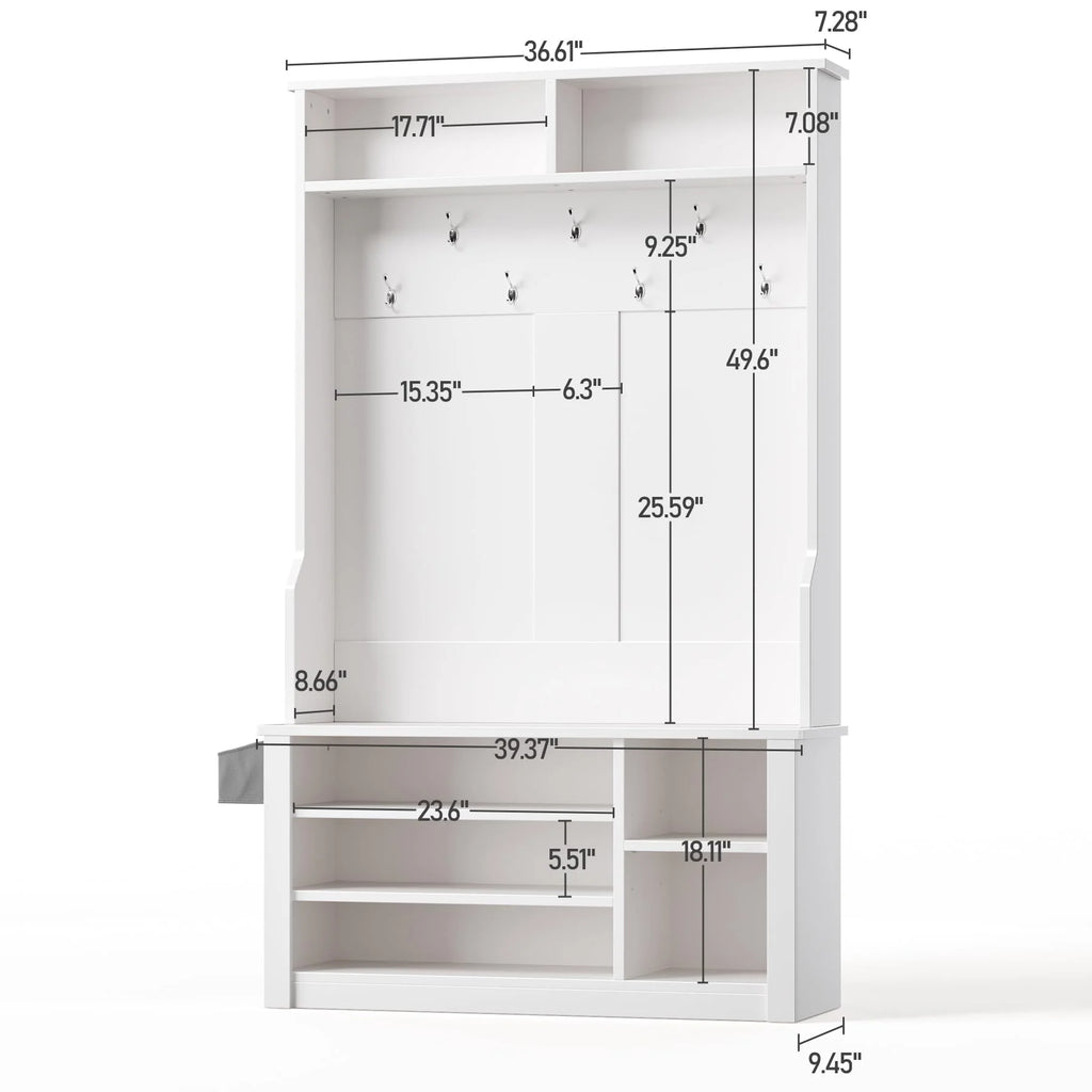 Lofka 5-in-1 Hall Tree with Bench and Shoe Storage, Entryway Hall Tree with Coat Rack, Adjustable Shoe Storage, 2-tier top storage,White