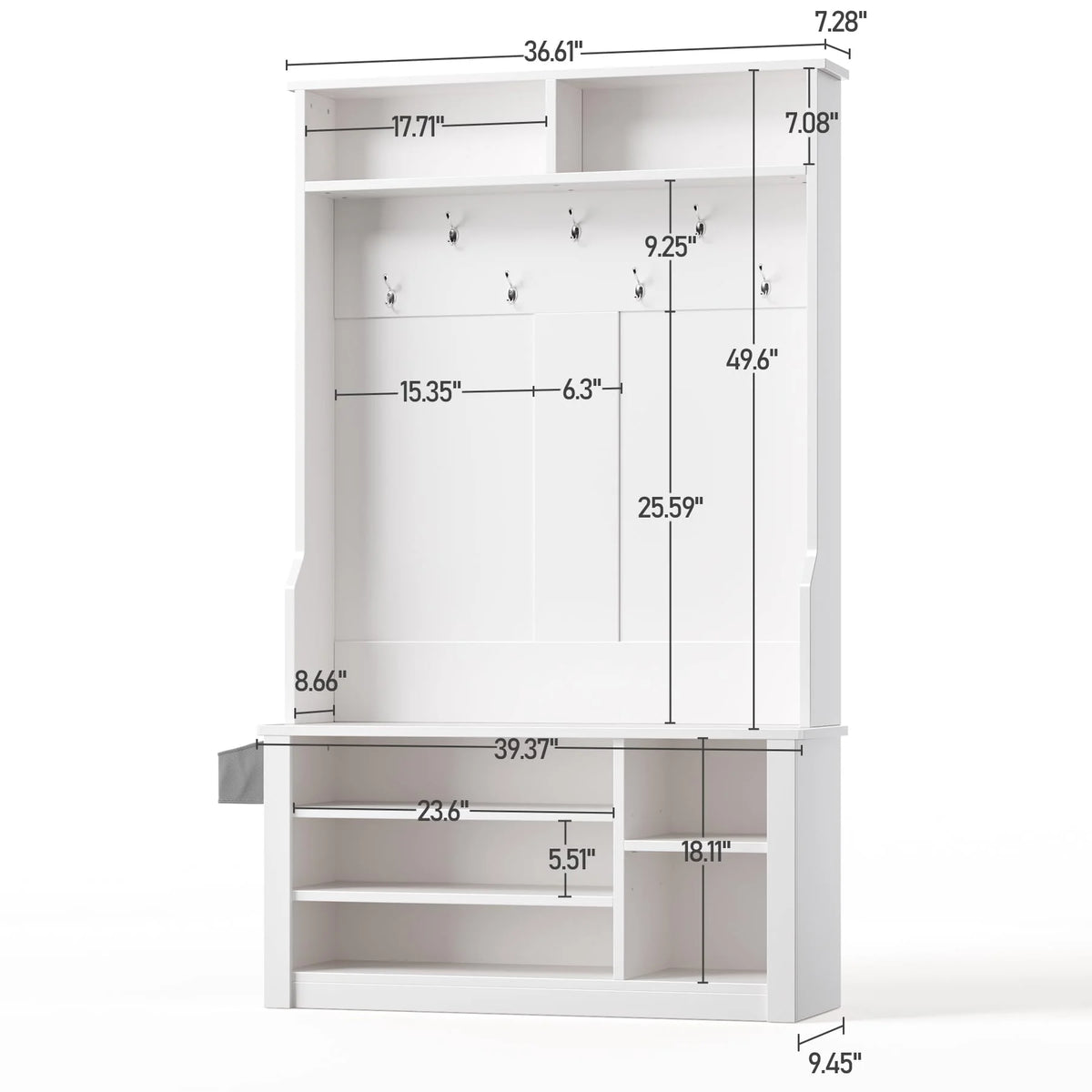 Lofka 5-in-1 Hall Tree with Bench and Shoe Storage, Entryway Hall Tree with Coat Rack, Adjustable Shoe Storage, 2-tier top storage,White
