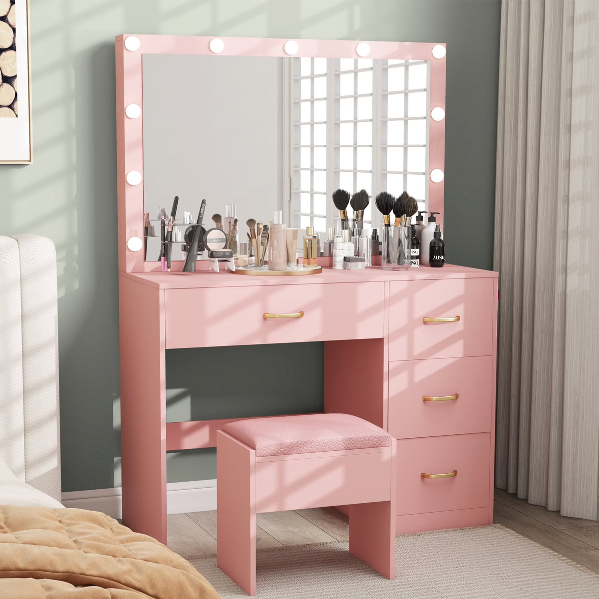 Dextrus Makeup Vanity Desk with Large Lighted Mirror and Storage - Enhance Your Beauty, Routine 4 Drawer Vanity Table with Cushioned Stool, Milky-White