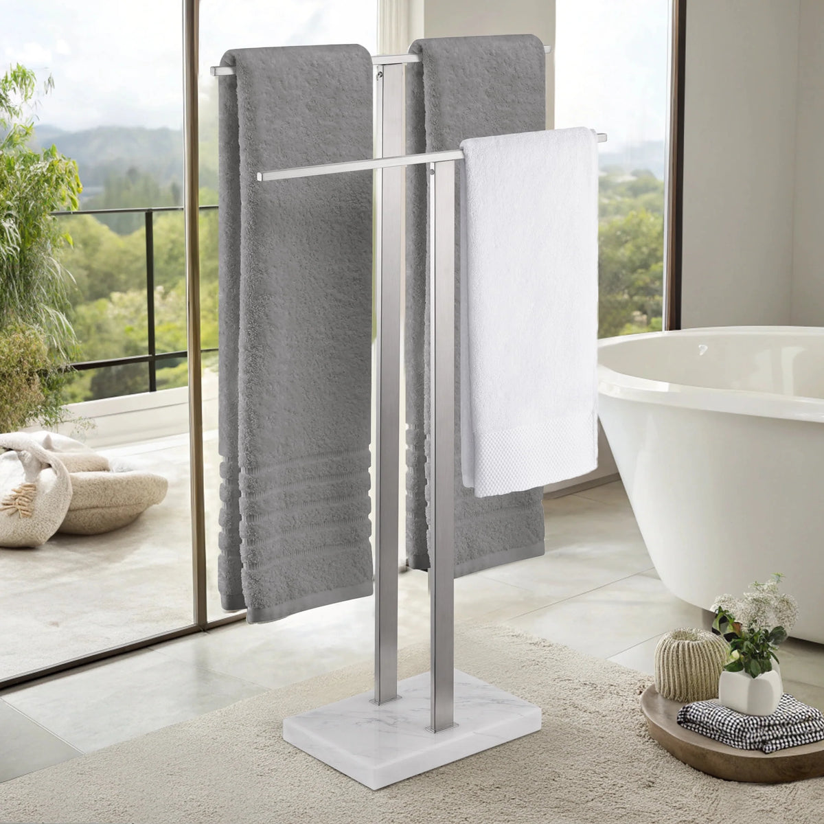 KES Freestanding Towel Rack for Bathroom 2-Tier, Floor Towel Stand with Heavy Marble Base, 18/8 Stainless Steel Brushed, WMBTR003BS