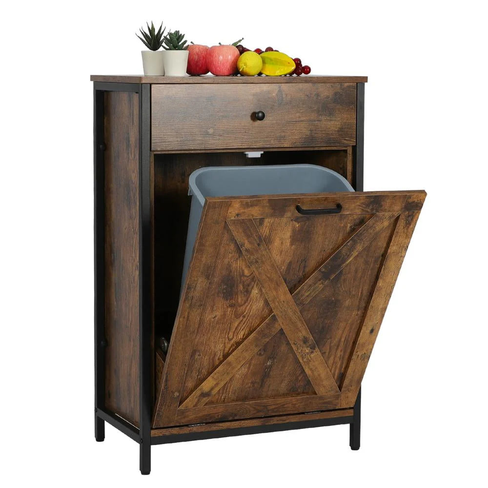 Eclife 10 Gallons Tilt Out Trash Cabinet Freestanding Floor Rustic Solid Wood Barn Door and Storage Drawer Kitchen Island