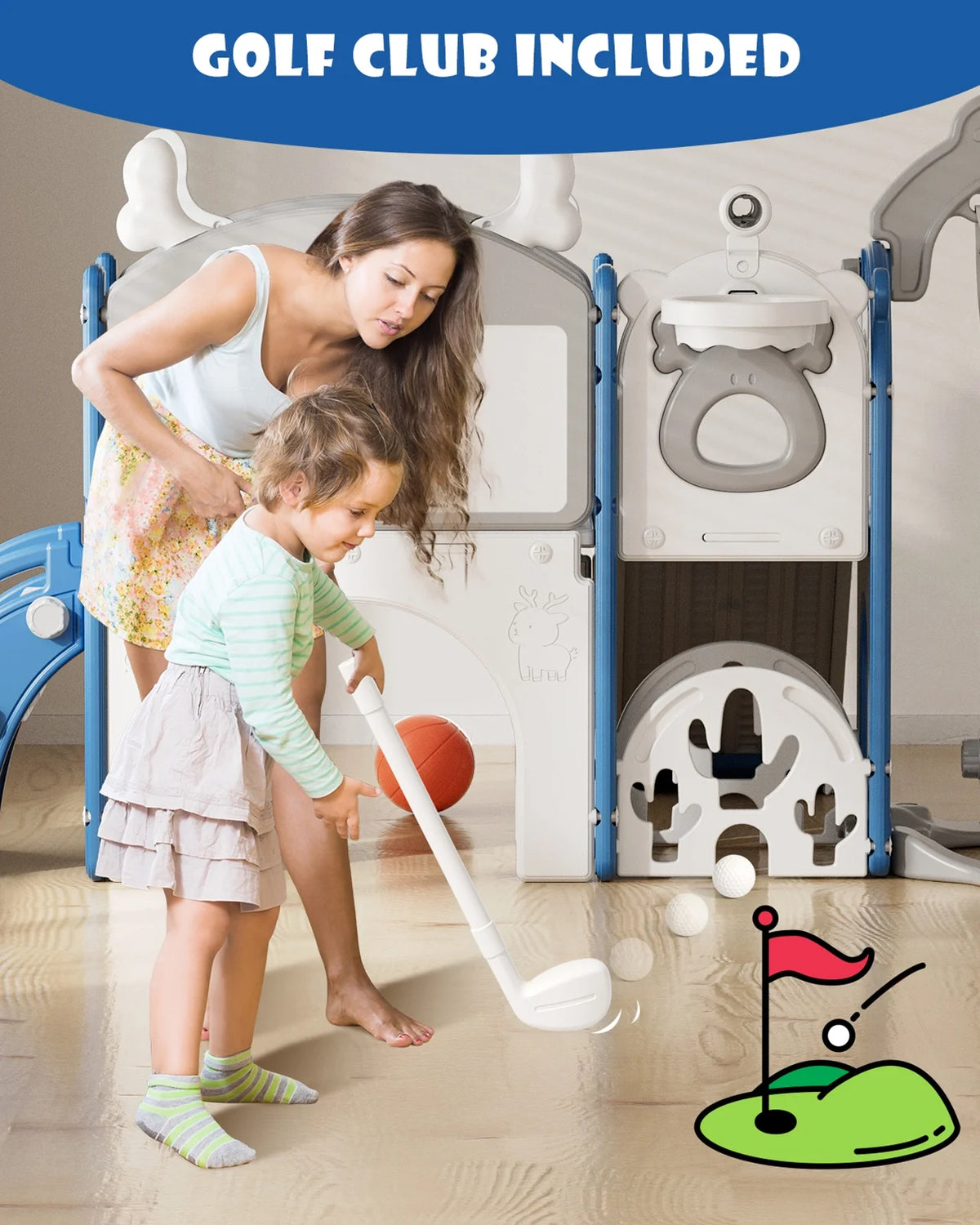 KORIMEFA 13-in-1 Toddler Slide, Kids Swing and Slide for Toddlers Age 1-4, Outdoor Indoor Playground Playset for Toddlers with Basketball Hoop and Ball Playset Telescope, Blue