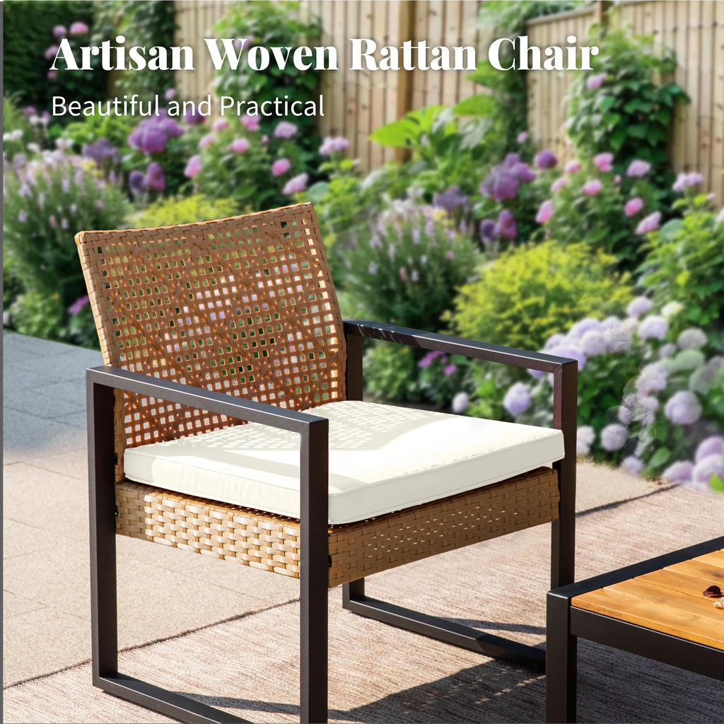 MF Studio 4-Piece All-Weather Rattan Patio Furniture Set, Outdoor Conversation Set with Wood Table, Brown and Beige