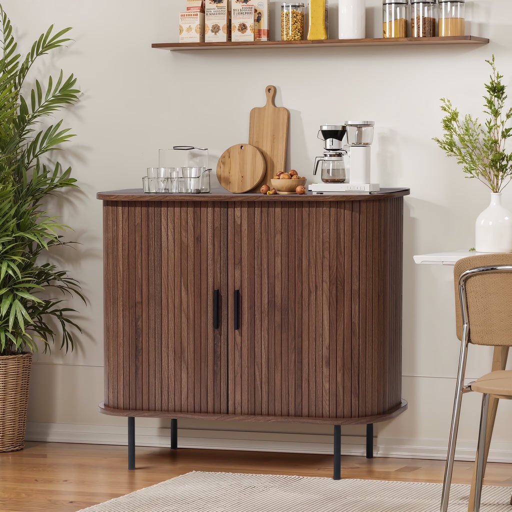 LuxenHome 35" Mid Century Modern Accent Cabinet, Small Buffet Cabinet with Sliding Door, Oak