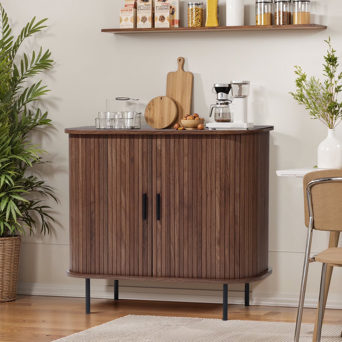 LuxenHome 35" Mid Century Modern Accent Cabinet, Small Buffet Cabinet with Sliding Door, Oak