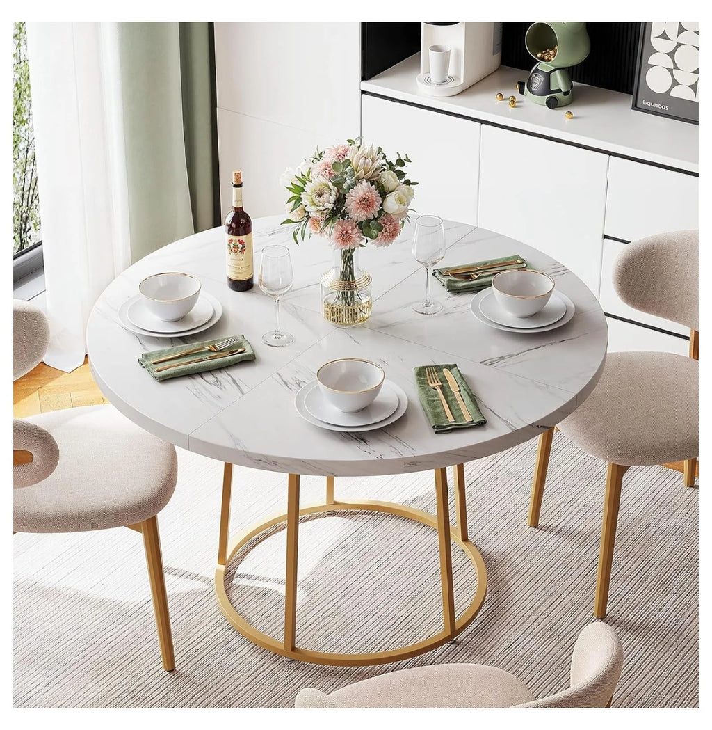 Round Dining Table, 47.24 Inch Kitchen Table for 4-6 People, Wooden Faux Marble Dinner Room Table with Base, Circle Modern Small Table for Home Dining Room Kitchen Restaurant (White) White and Gold