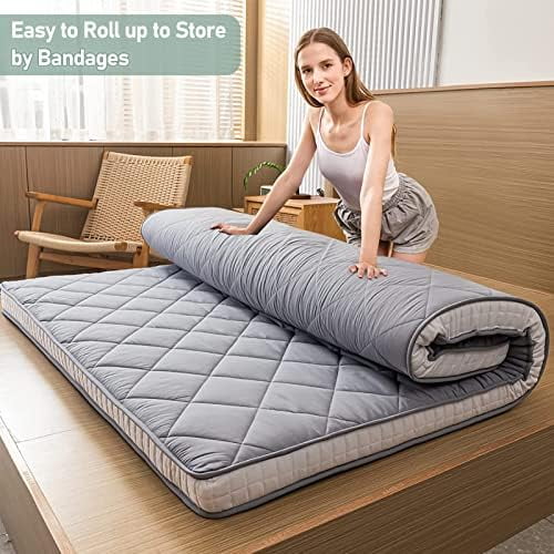 Japanese Floor Futon Mattress King Size, Floor Bed for Adults, Roll Up Folding Mattress, Diamond Patterned Japanese Futon Bed, Dark Grey