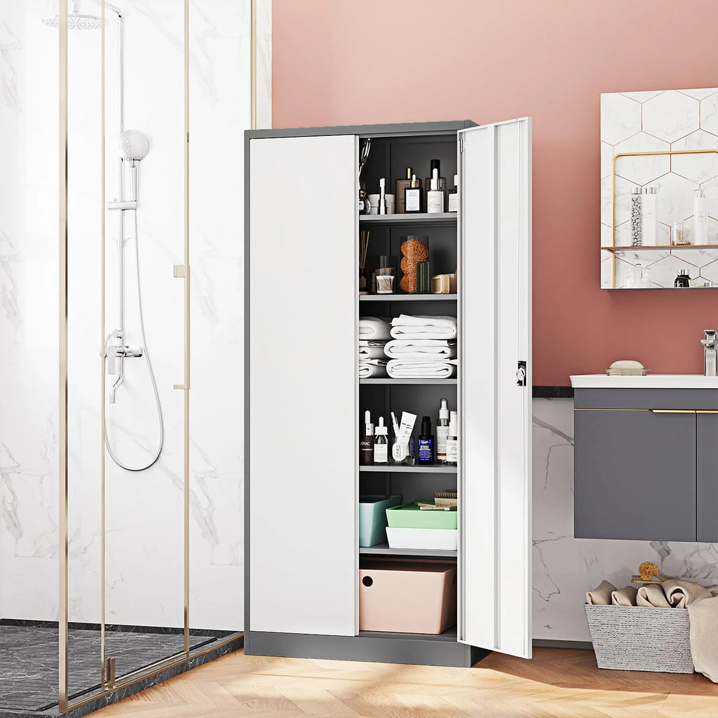 Fesbos Metal Garage Storage Cabinet,71" H Tall White Cabinet with 2 Doors and 5 Adjustbale Shelves,Lockable Tool Cabinet for Garage, Basement, Home Office