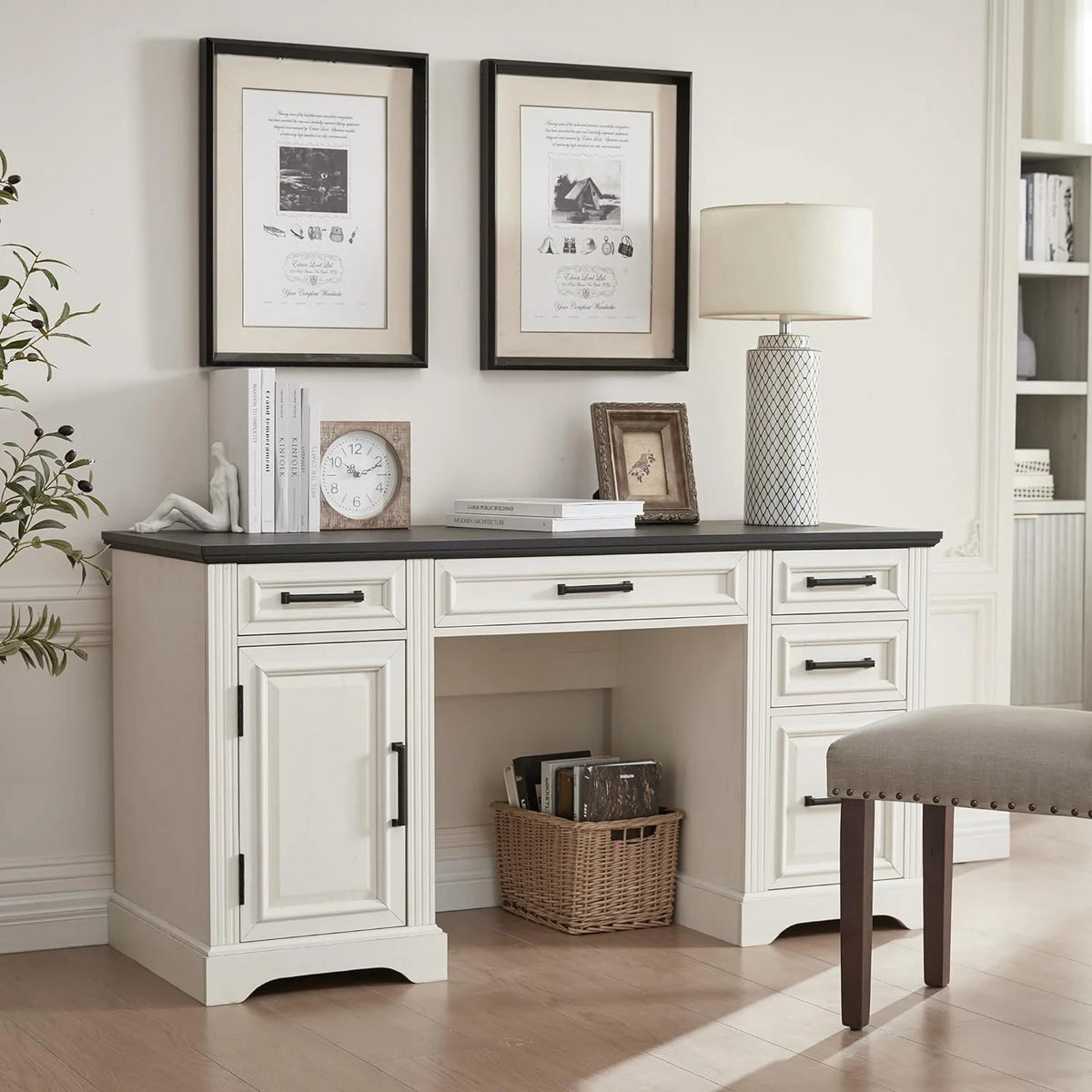 T4TREAM Farmhouse Wood 58" Executive Desk, Home Office 30" High Computer Desk with Drawers and Storage Cabinet, White