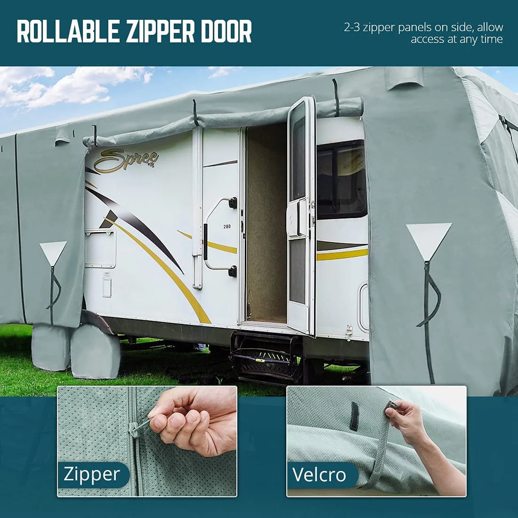 KING BIRD Upgraded Travel Trailer RV Cover, Extra-Thick 5 Layers Anti-UV Top Panel, Deluxe Camper Cover, Fits 27'- 30' RV Cover -Breathable, Water-Repellent, Rip-stop with 2Pcs Straps & 4 Tire Covers