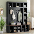 Euroco Farmhouse Wooden Style Hall Tree with 6 Hooks, Walnut Storage Bench, Adjustable Shelves, and 4-in-1 Entryway Shoe Cabinet with 13 Cubbies
