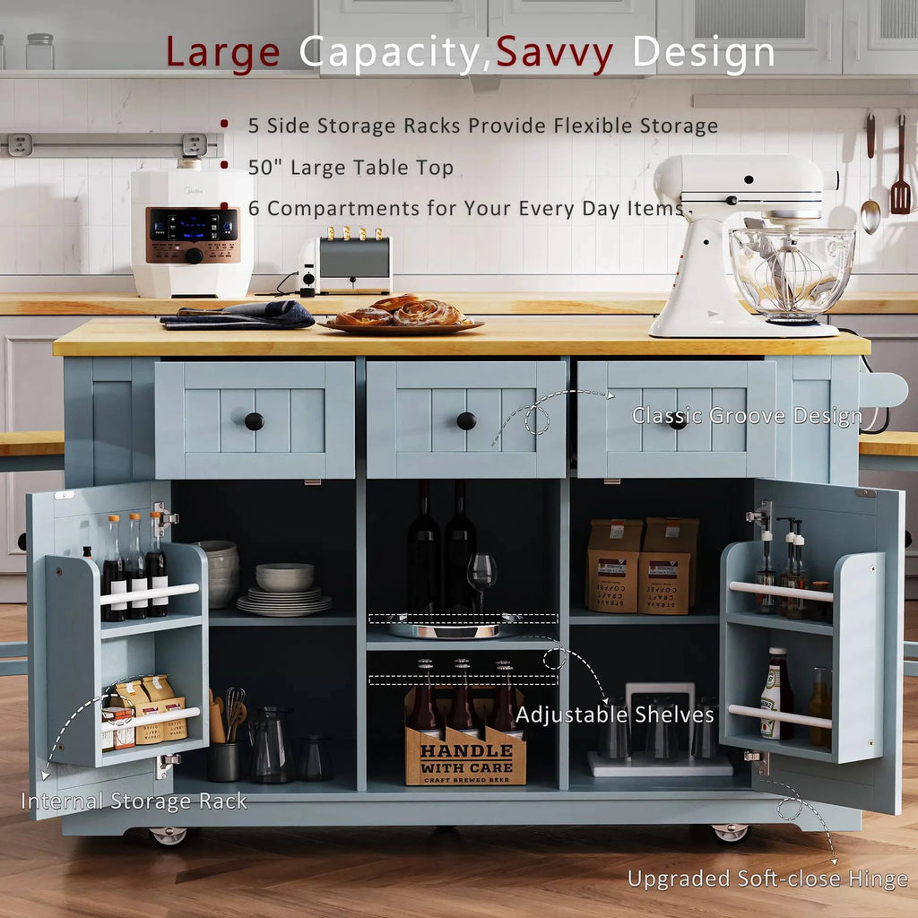 EUROCO 53" Large Kitchen Island with Drop Leaf,Kitchen Island Cart on 5 Wheels with Power Outlet,Door Internal Storage Rack and 5 Open Side Racks,Rolling Kitchen Table for Dining Room,Grey Blue