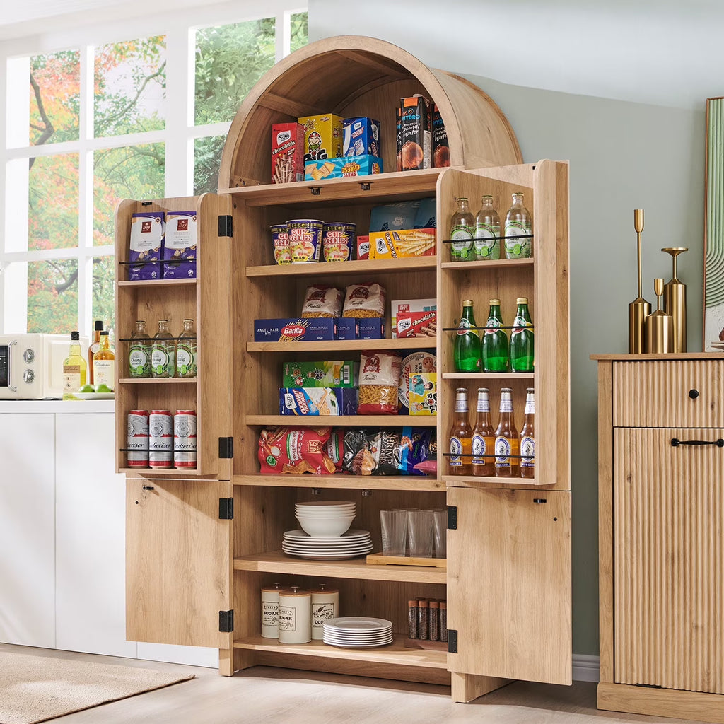SinCiDo Arched Kitchen Pantry Storage Cabinet, 71-Inch Tall Wood Adjustable Shelves, 2 Doors, 2 Drawers