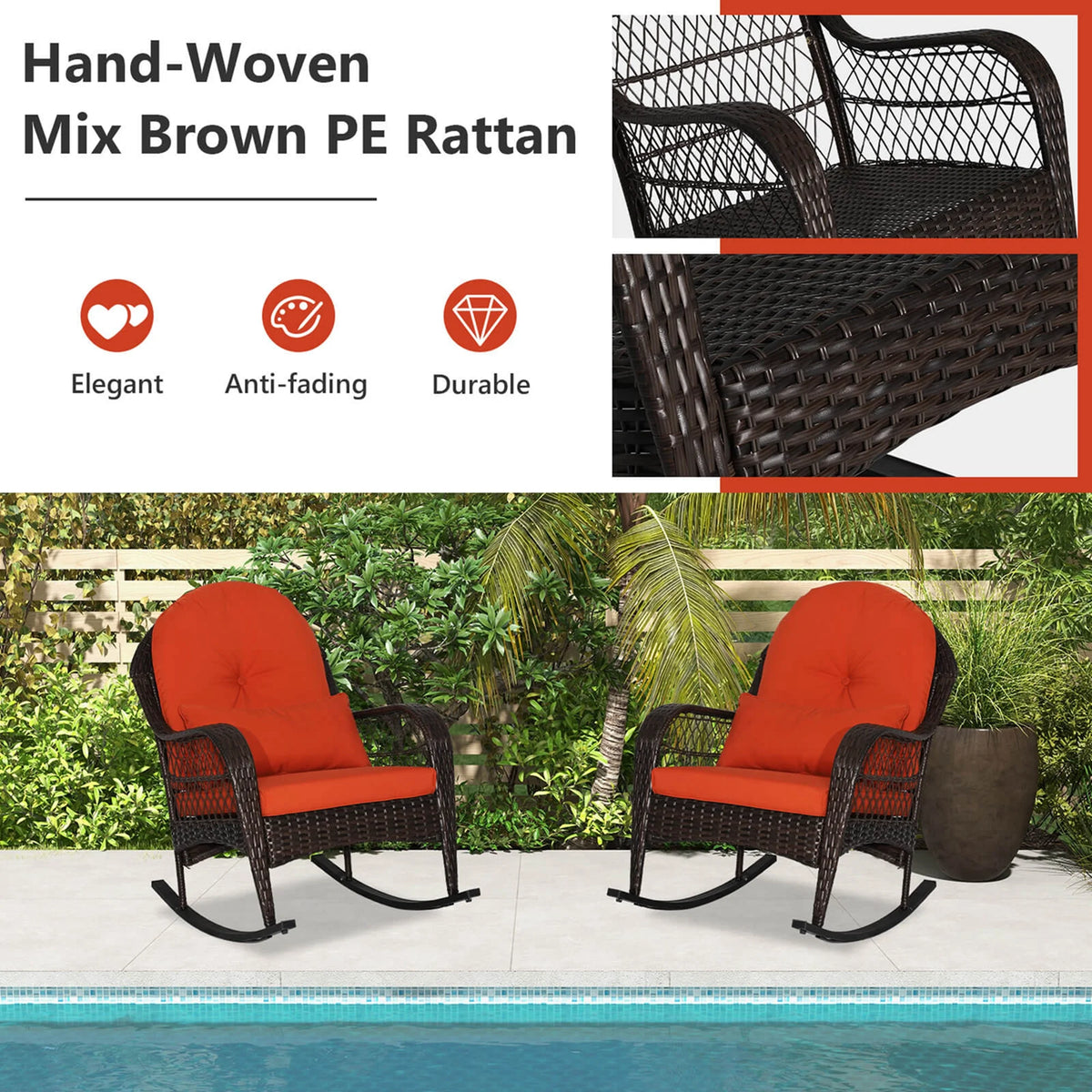 Costway Patio Wicker Rocking Chair W/Seat Back Cushions & Lumbar Pillow Porch Off White