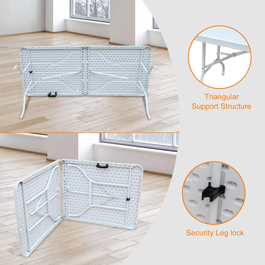 Folding Table with Carry Handle, Portable Fold-in-Half Plastic Table, Rectangle Foldable Table for Indoor