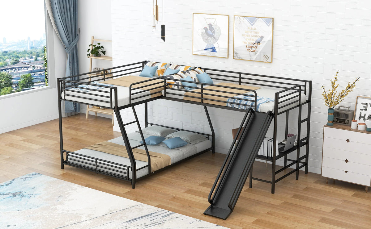 Metal L-Shaped Twin over Full Bunk and Loft Bed with Desk for Kids, Black