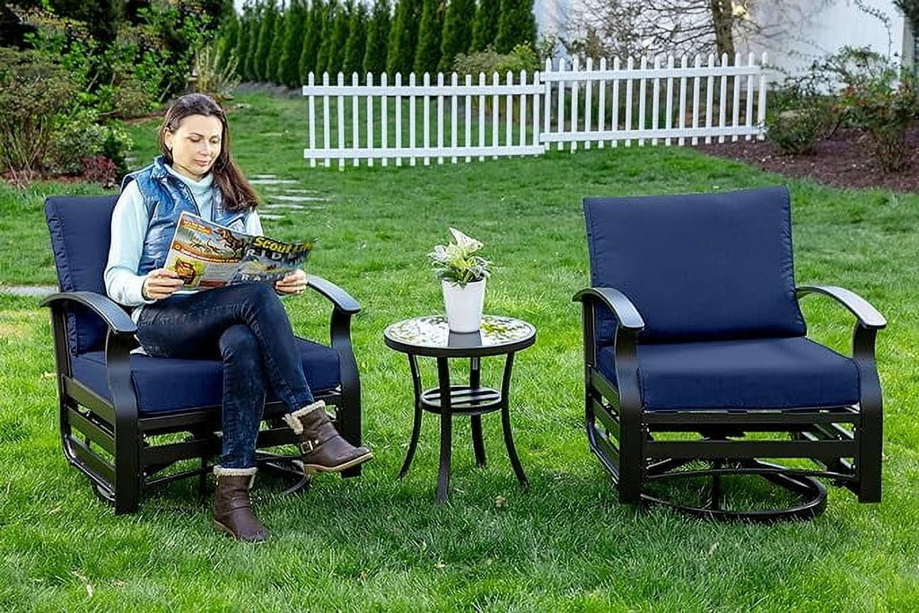 ALAULM 3 Piece Patio Outdoor Aluminum Metal Swivel Rocking Chair with 1 Coffee Table and 2 Khaki Padded Cushions Outdoor Metal Swivel Rocking Chair Furniture Conversation Set for Porch Garden