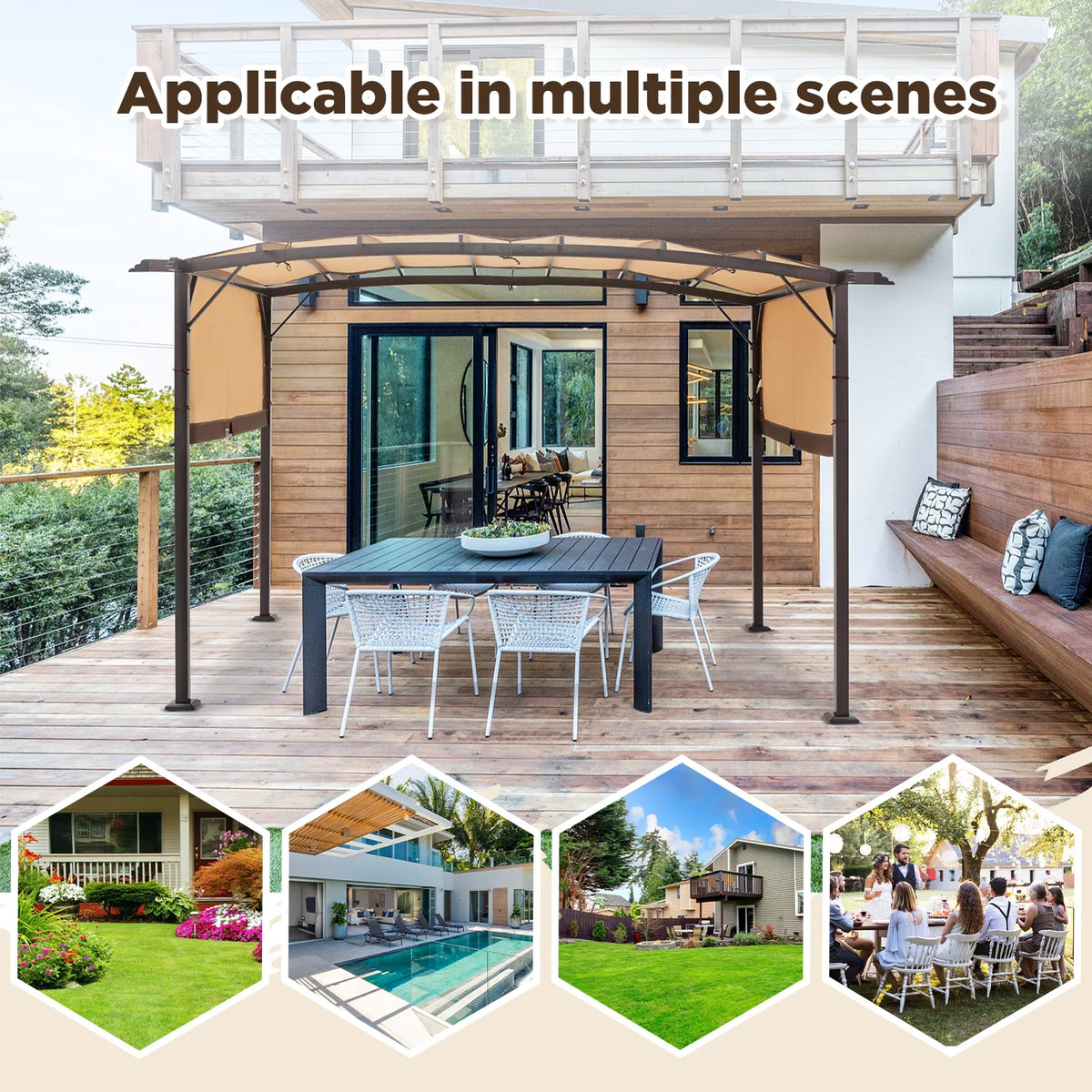 AECOJOY 12�?X 9�?Outdoor Retractable Steel Pergola Canopy with Adjustable Shade-Beige