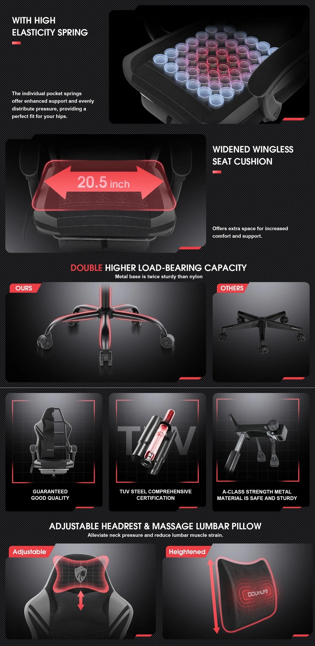 Douxlife Massage Gaming Chair, Spring Cushion, Breathable Fabric Gaming Chair with Footrest, Ergonomic Computer Chair for Adults & Kids