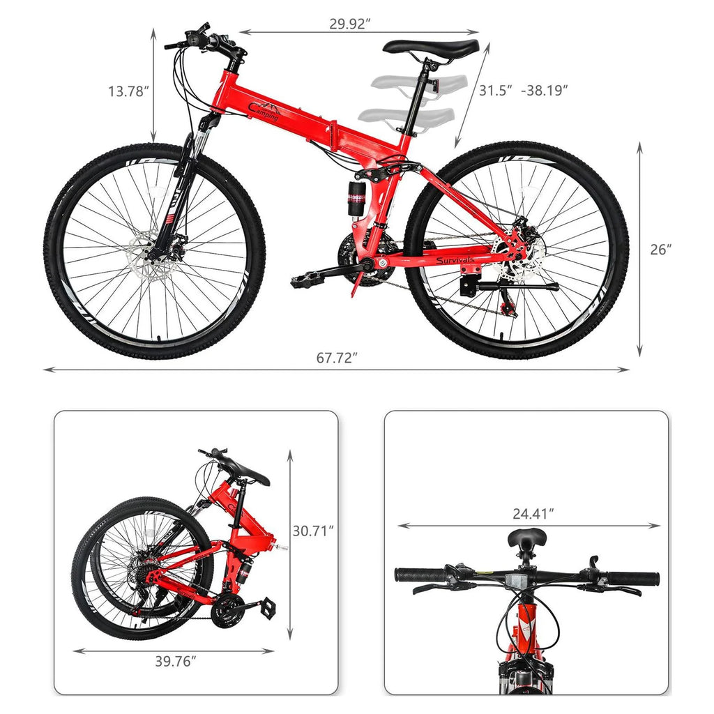 Ktaxon Folding 21 Shimano Speed 26" Wheel Riding Mountain Bike, Steel Frame Trail Road Bicycle, for Men and Women, Red