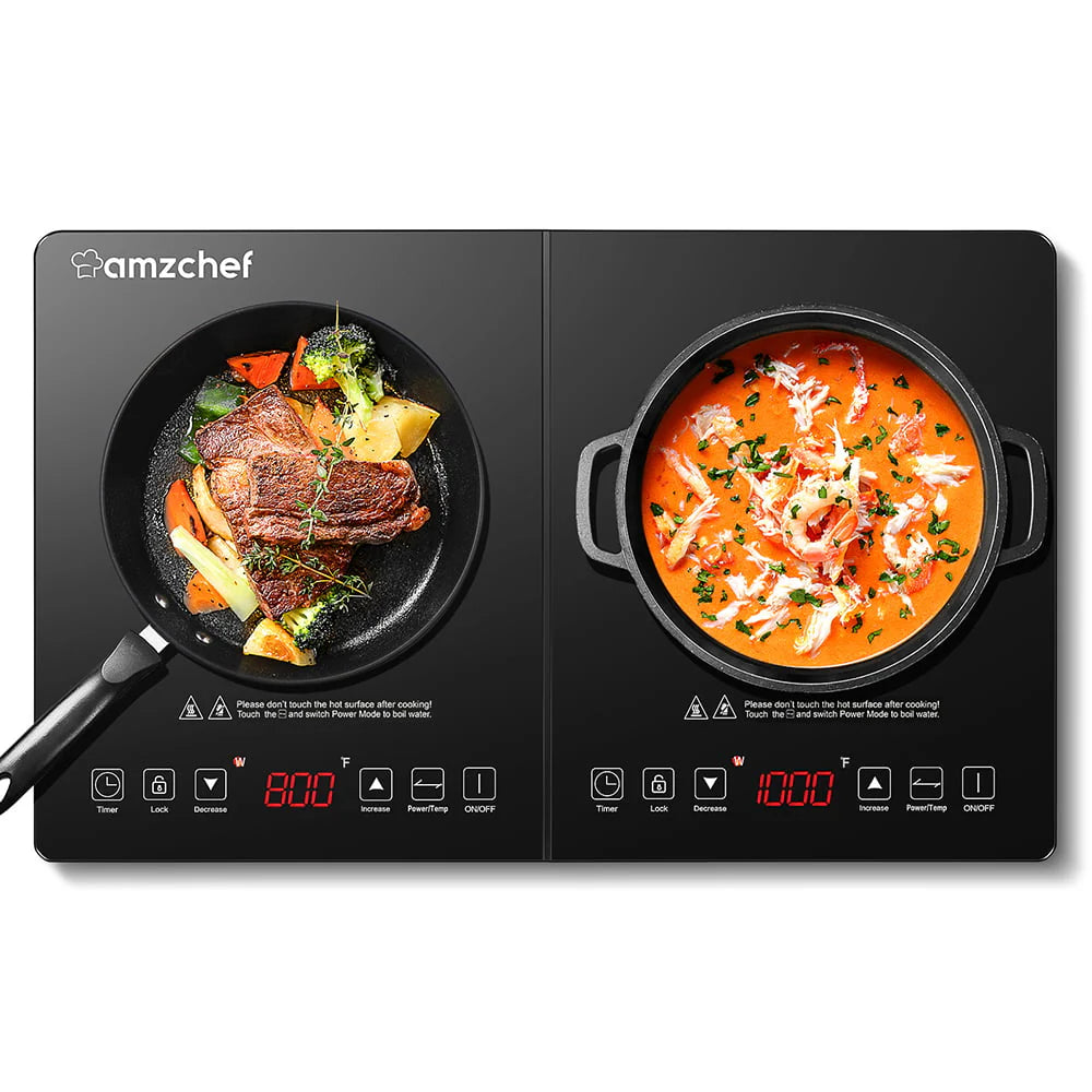 AMZCHEF 1800W Double Induction Cooktop Low Noise with Independent Control 2 Burners, 10 Temperature, 9 Power Levels, 3-hour Timer & Child Safety Lock