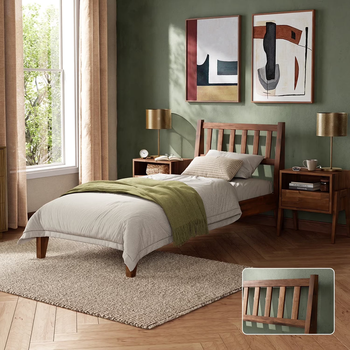 Mopio Ted Queen Bed Frame with Headboard, Full Size Bed Frame, Mid Century Modern Acacia Solid Wood Platform Bed Frame, Wooden Bed Slats, No Box Spring Needed, Double Metal Bar Support, Walnut