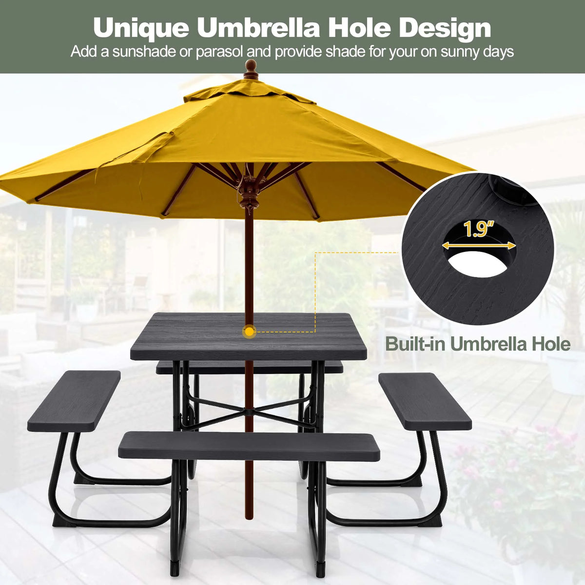 Costway Outdoor 8-person Square Picnic Table Bench Set with 4 Benches & Umbrella Hole White