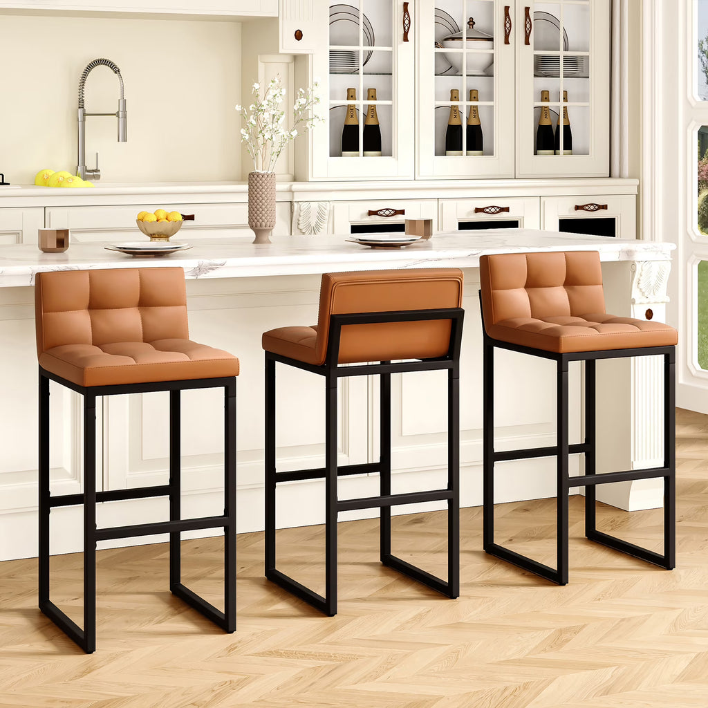 FIRAVOE Bar Stools Set of 3, Counter Height Bar Stools (Low Back)(Thickened Frame) 26" PU Leather Barstools Bar Chairs for Kitchen Island, Black