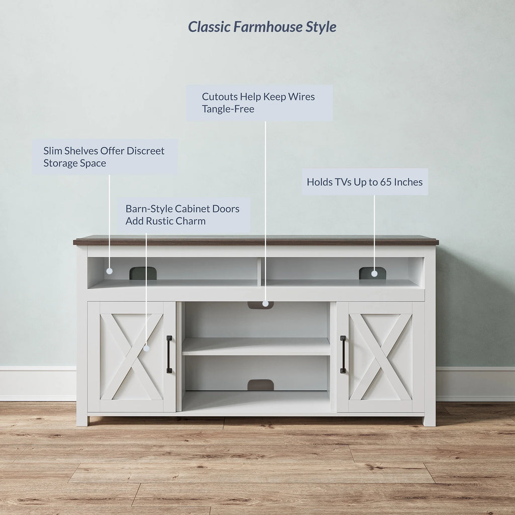 BELLEZE 58 Inch TV Stand, Contemporary Entertainment Center for TVs up to 65", Wood Media Console Table with Two Open Shelves and Barn Door Cabinets - Corin (White)