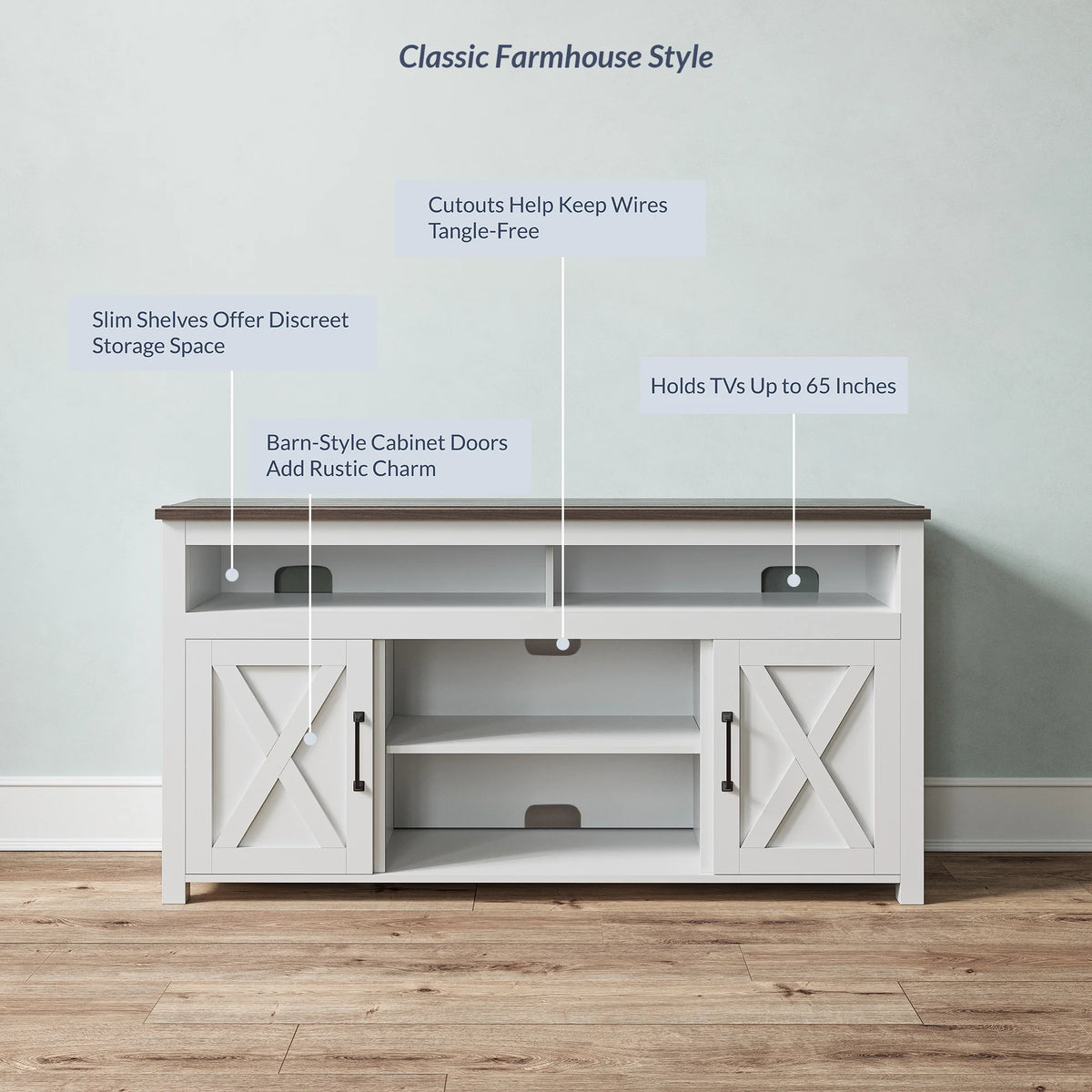 BELLEZE 58 Inch TV Stand, Contemporary Entertainment Center for TVs up to 65", Wood Media Console Table with Two Open Shelves and Barn Door Cabinets - Corin (White)