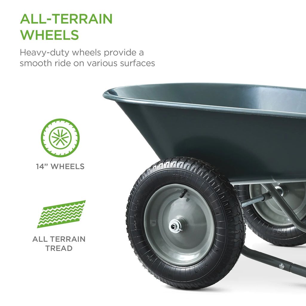 Best Choice Products Dual-Wheel Home Wheelbarrow Yard Garden Cart for Lawn, Construction - Green