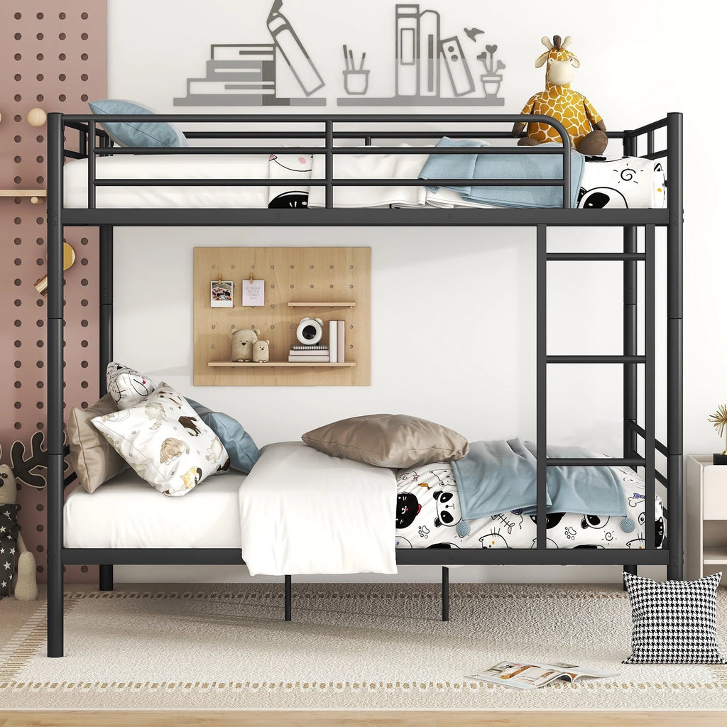 Full over Full Bunk Beds, BTMWAY Metal Bunk Beds Full Over Full Size, Full Size Convertible Bunk Beds for Kids Teens Adults, with Ladder and Safety Guardrails, Load-Bearing 350lbs, Noise-Free, Black