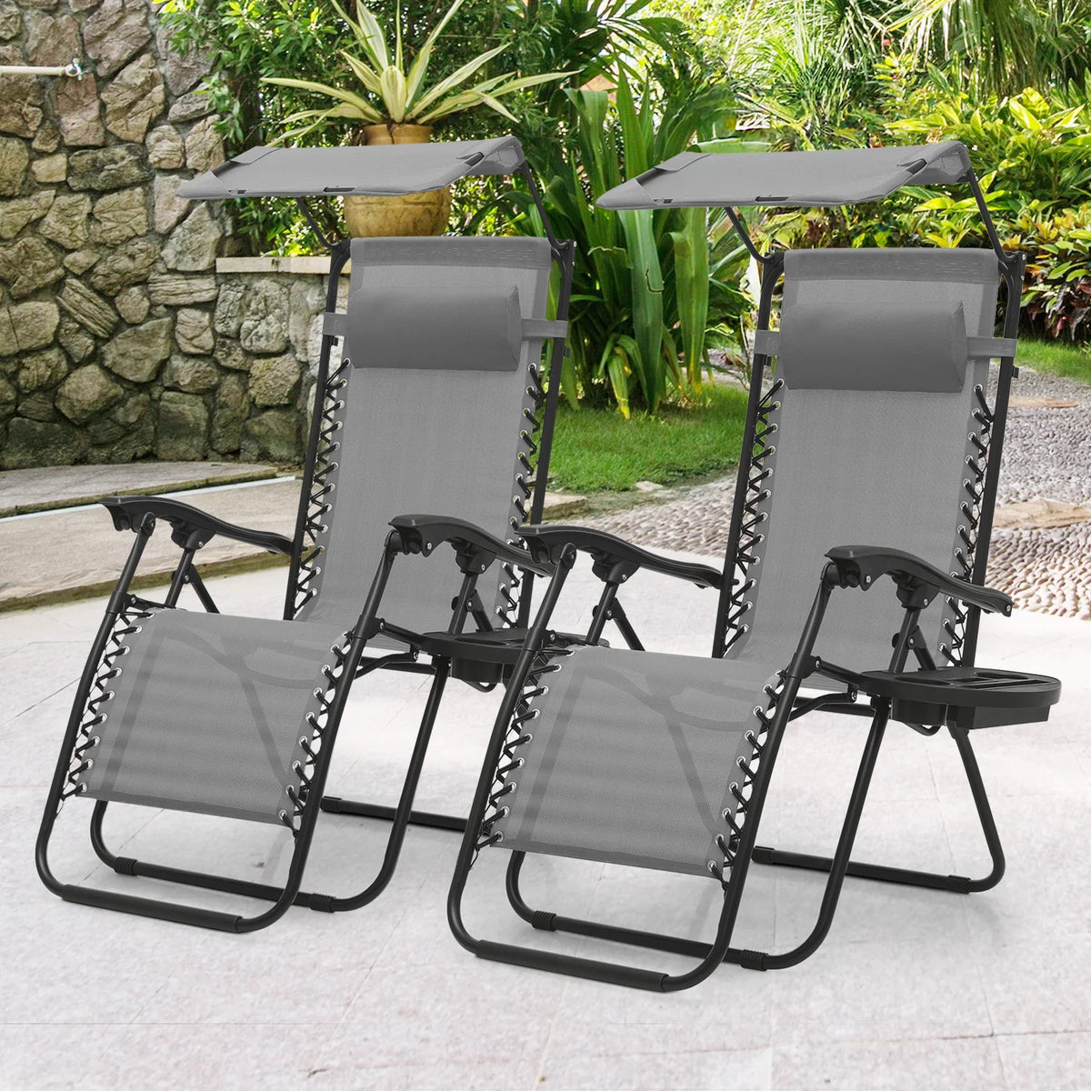MoNiBloom Zero Gravity Chairs Set of 2, Folding Outdoor Patio Beach Recliner with Canopy Shade & Headrest, Black
