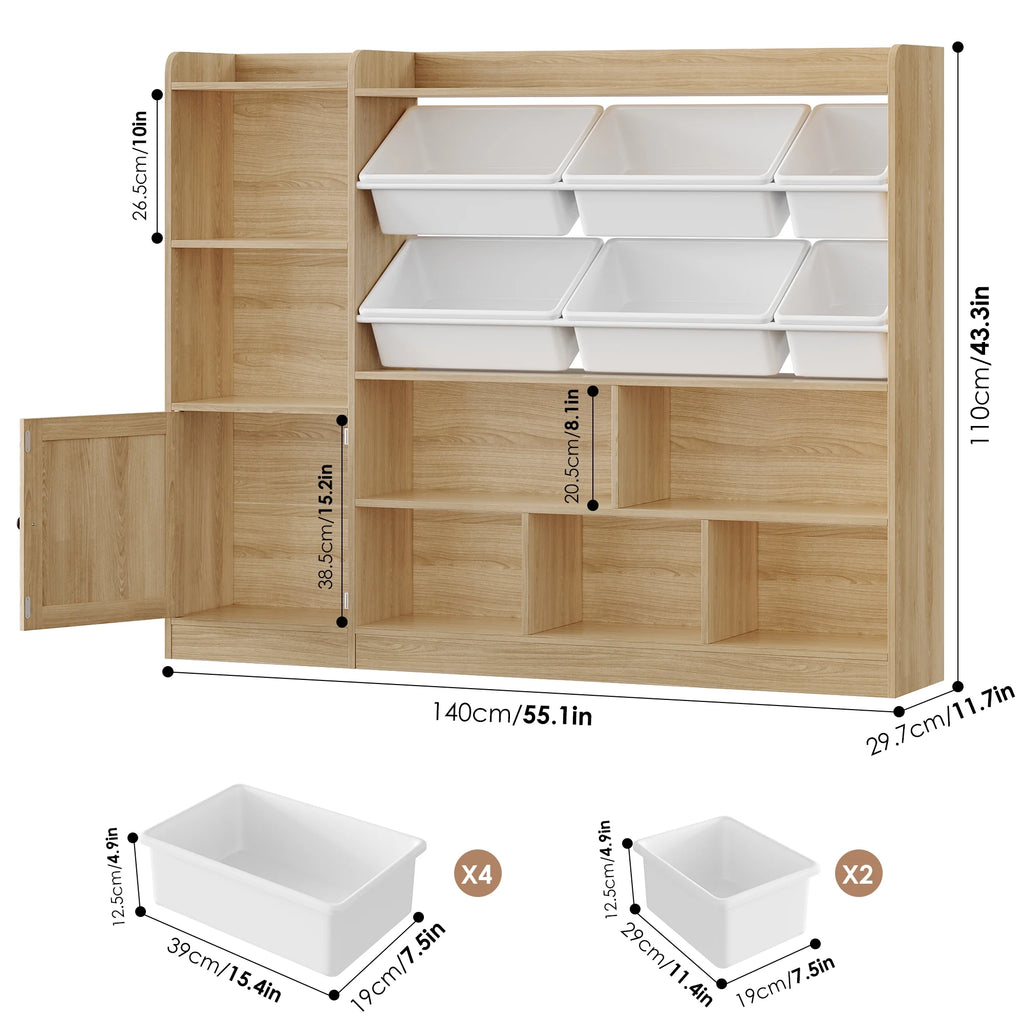 Hiphuta 55"In Kids Bookcase with Toy Storage Organizer, Wood Cube Bookcase Toy Chest of 8 Compartments & 6 Movable Bins, Bookshelf for Kids Bedroom, White
