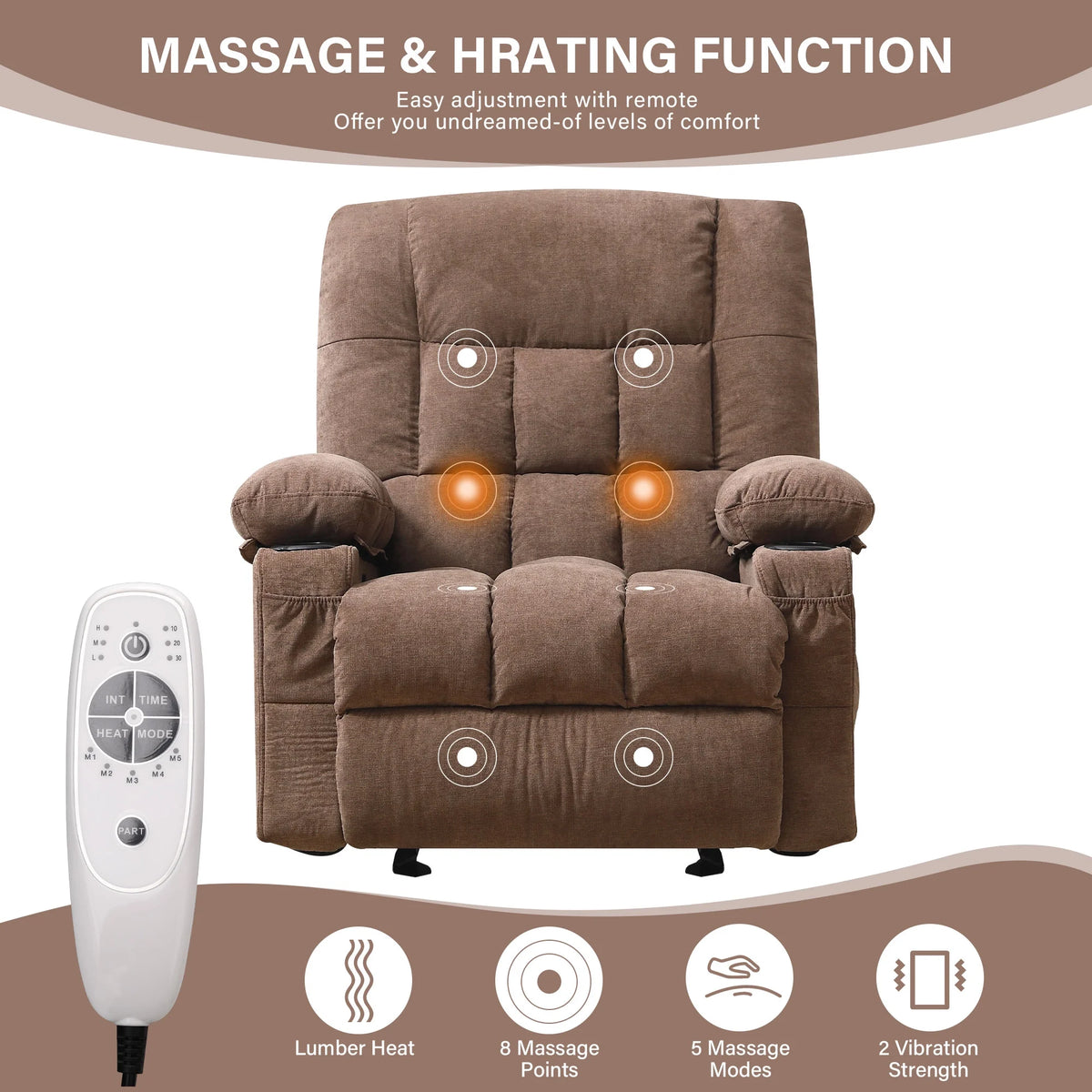 JONPONY Manual Recliner Chair with Heat Therapy and Massage Function, Heavy Duty Reclining Mechanism Massage Chair, Elderly Single Rocker Sofa with Cup Holders for Bedroom Home Theater,Blue