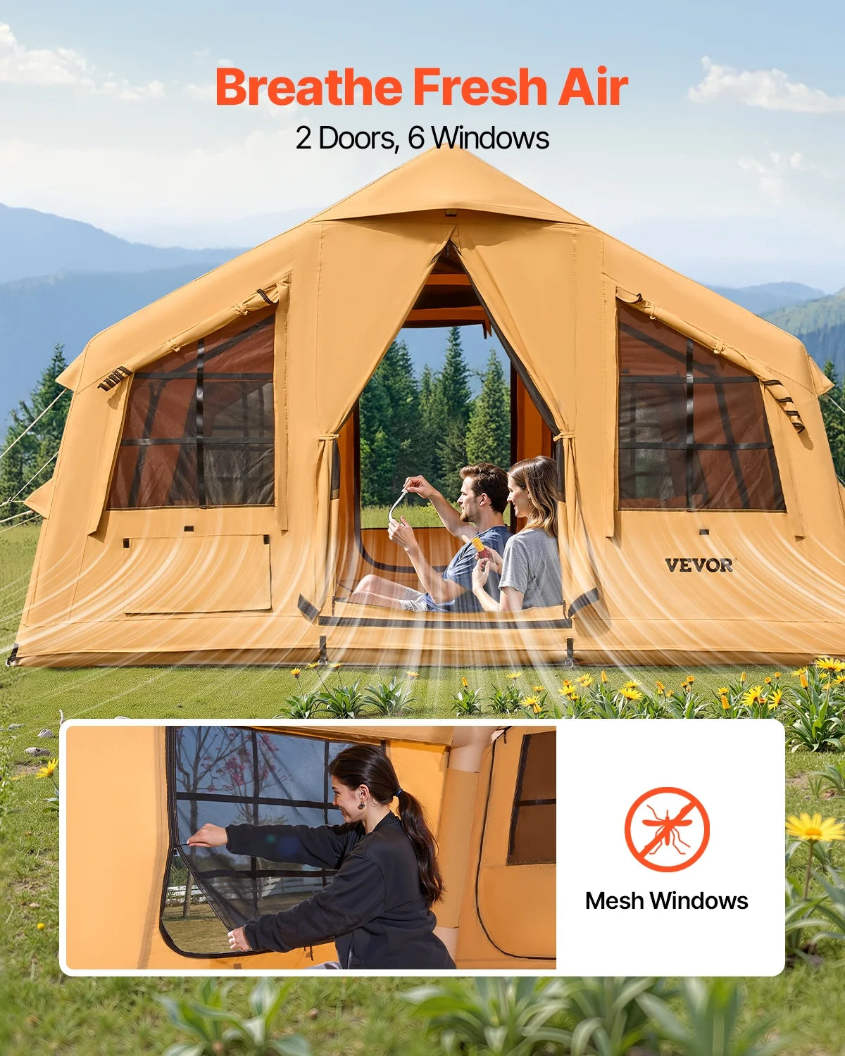 VEVOR Inflatable Tents for Camping,8-12 Person Easy Setup Blow up Tent with Hand Pump,4 Season Luxury Glamping Tent with 2 Skylights, Canopy,Stove Jack, 2 Doors & Mesh Windows(Include Storage Bag)