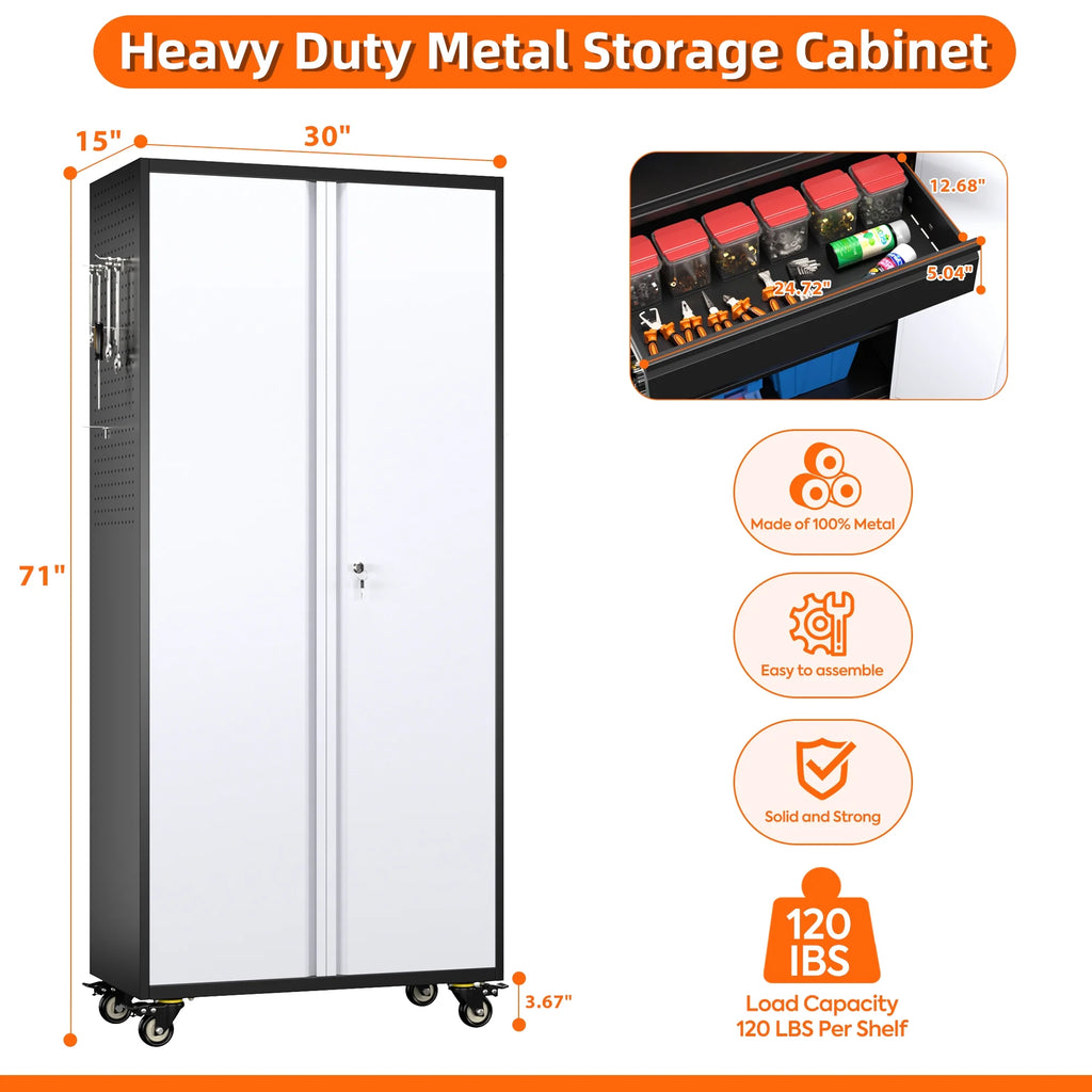 Aobabo Metal Storage Cabinet with Lock,Garage Storage Cabinet with Wheels,72In Steel Storage Cabinet for Garage Home Storage, Black Required-Assembly