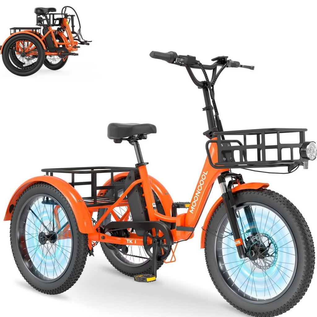MOONCOOL TK1 Folding Electric Tricycle for Adults,48V 14.5Ah Removable battery, 500W（Peak 1000w）Motor, 20" Fat Tire Step-Thru 3Wheel Electric Bicycle w/Front&Rear Baskets, Certified to UL 2849 by SGS