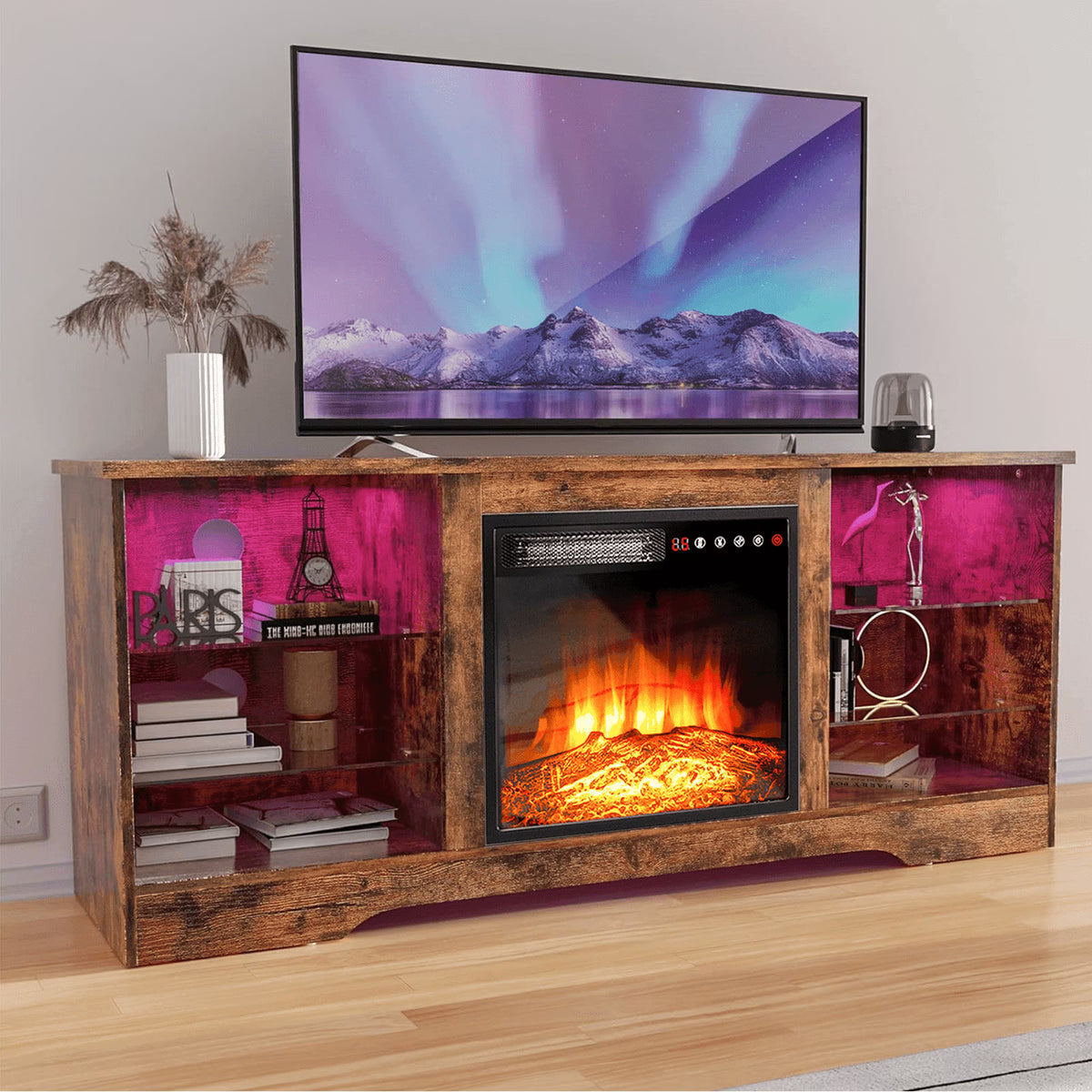 Waleaf Fireplace TV Stand with 18'' Fireplace for TVs up to 65 inch, Two Adjustable Glass Shelves