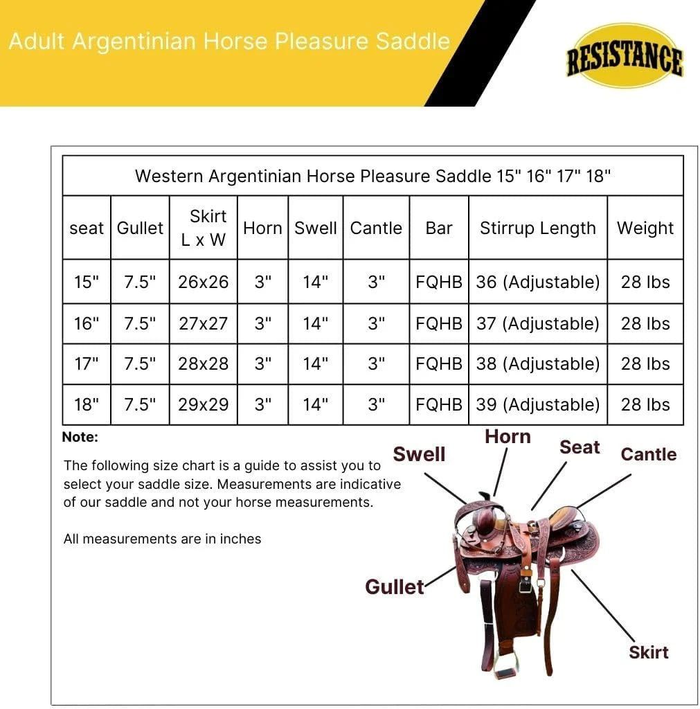Resistance Western Horse Pleasure Adult Saddle with Floral Tooled - Genuine Leather 15" 16" 17" 18" & 20" With Free Tack Set