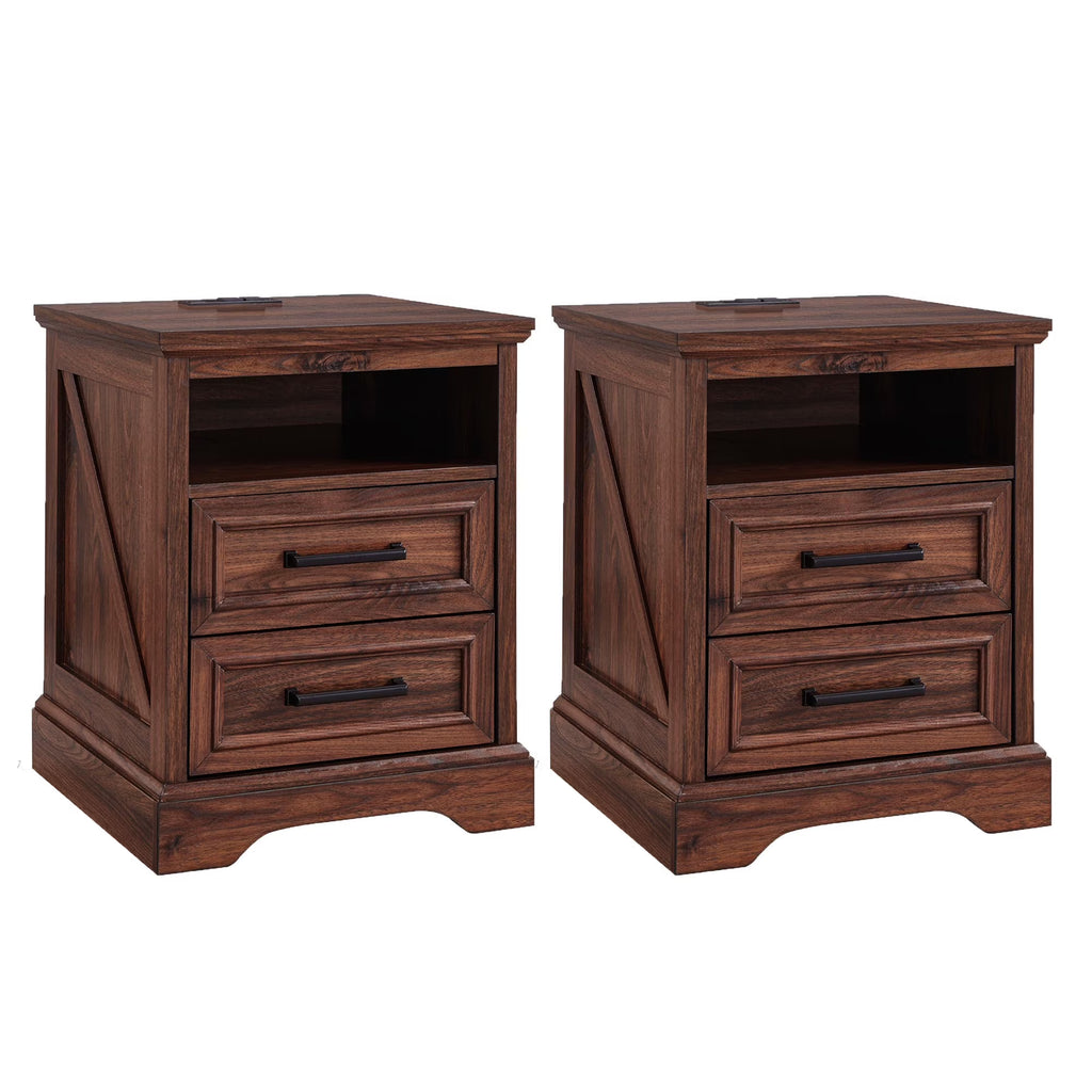 ACCOHOHO Nightstands Set of 2 with Charging Station, Rustic End Table with 2 Drawers Farmhouse Side Table with 3-tier Storage for Bedroom Living Room, White