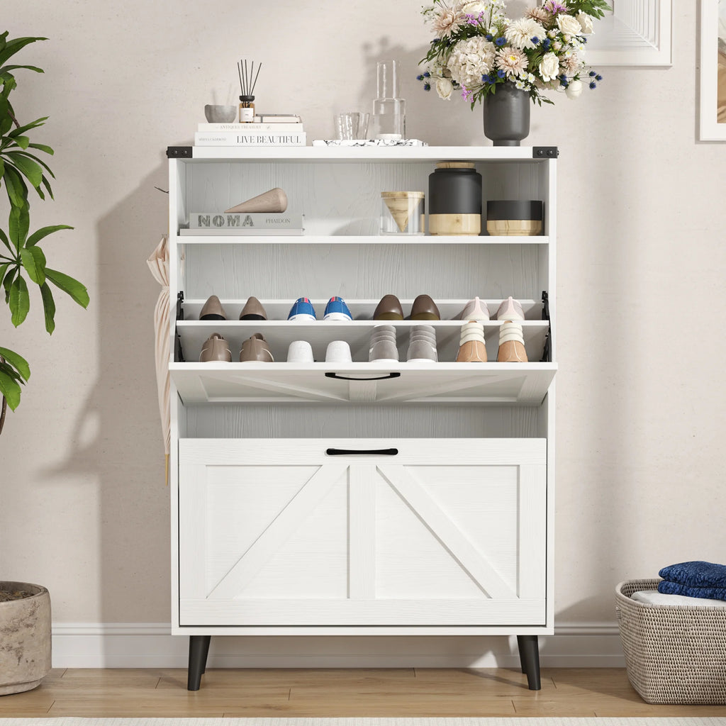 Veanerwood Shoe Cabinet with 2 Flip Drawers Farmhouse Shoe Storage Cabinet Organizer for Entryway, Gray