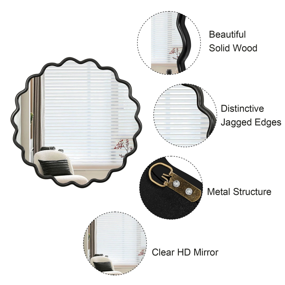 Solid Wood Wavy Frame Modern Mirror - 40x28 Inches Durable Farmhouse Wall Decor for Bathroom, Living Room & Entryway with Easy Install