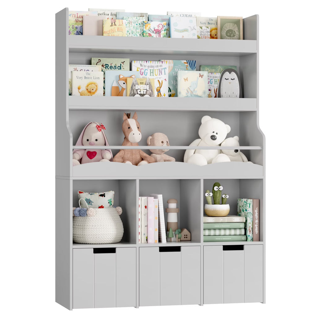 Homfa 55.5�� H Kids Bookshelf with 2-Tier Book Shelves, Children Toy Organizer with 3 Cubes and Removable Drawers, White