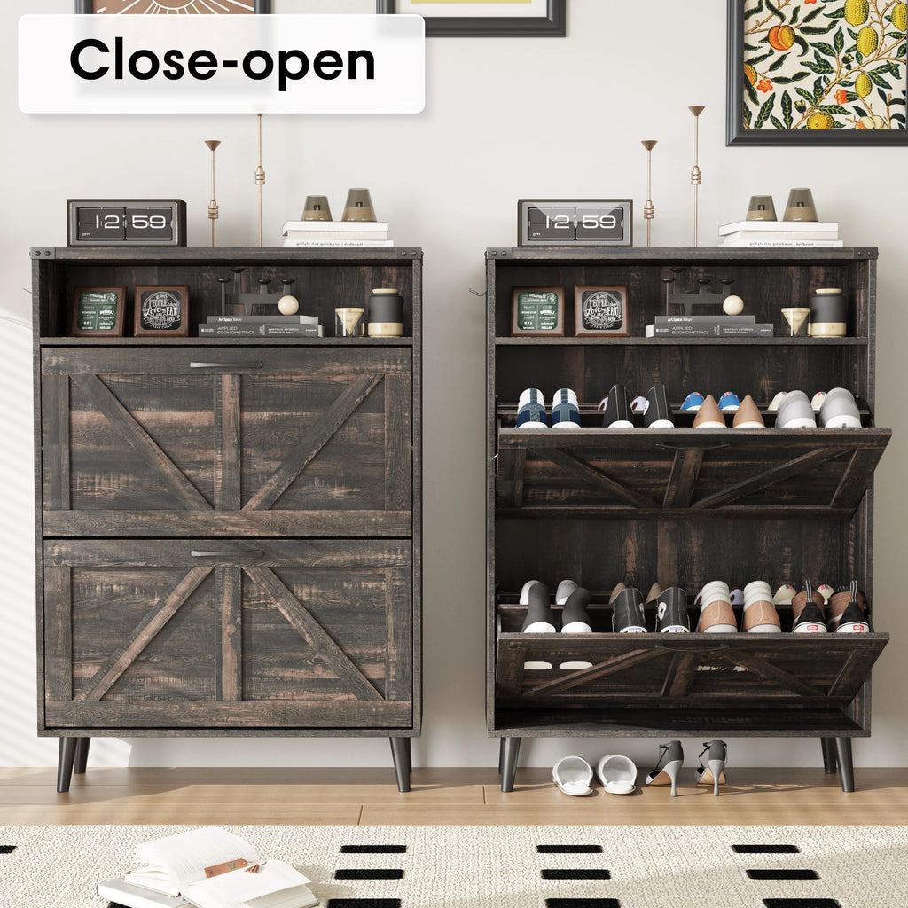 Veanerwood Shoe Cabinet with 2 Flip Drawers Farmhouse Shoe Storage Cabinet Organizer for Entryway, Gray