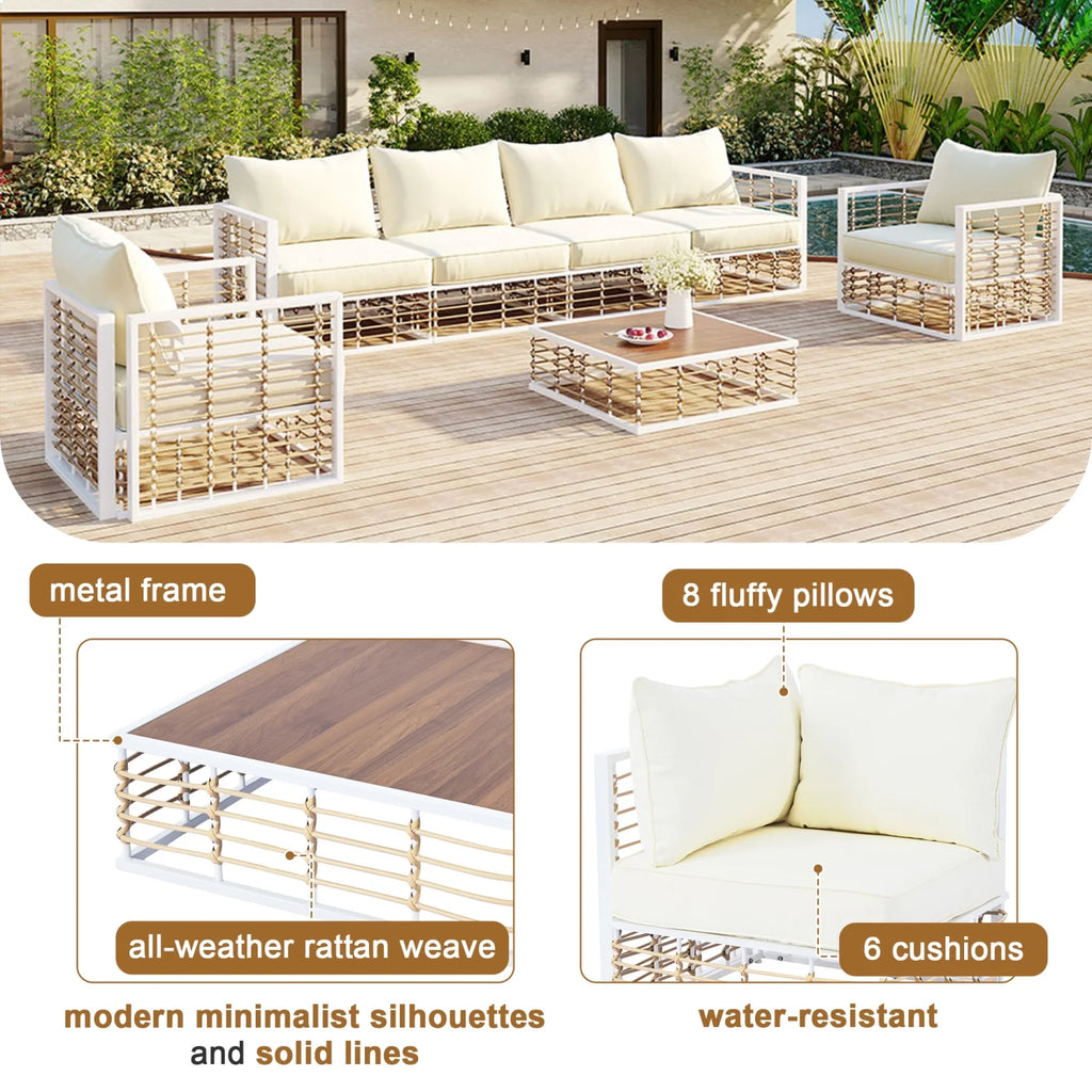 7 Pieces Metal Patio Sectional Furniture Set , Modern Minimalist Rattan Sofa Set with Thick Cushions and Coffee Table, All Weather Outdoor Patio Conversation Sets for Garden, Poolside, Backyard, Gray