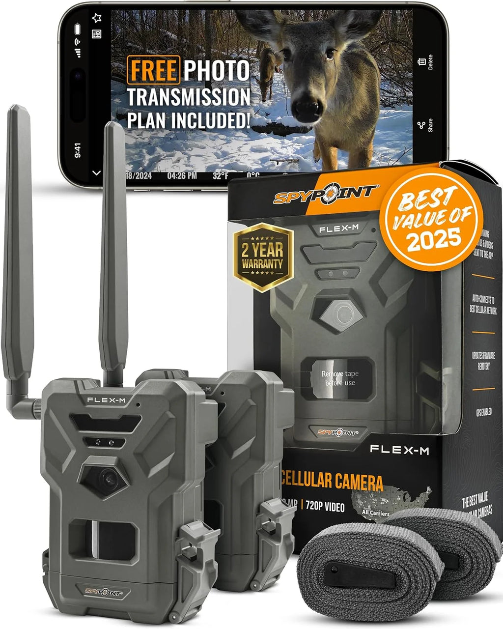 SPYPOINT Flex-m Twin Pack Cellular Trail Camera – Hunting Trail Monitor with GPS, Night Vision, Dual-Sim LTE, IP65 Water-Resistant