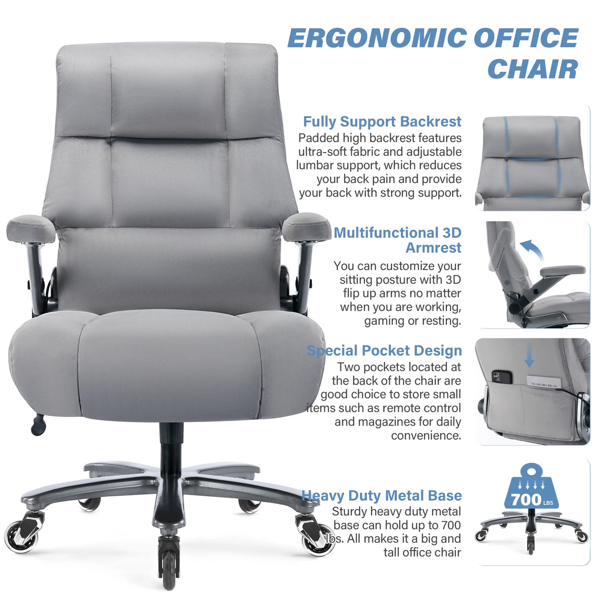 Big and Tall 700lbs Office Chair, Ultra-Soft Fabric Executive Desk Chair, Ergonomic Computer Chair with 3D Flip Up Arms, Adjustable Lumbar Support, Heavy Duty Metal Base and Quiet Rubber Wheel, Black