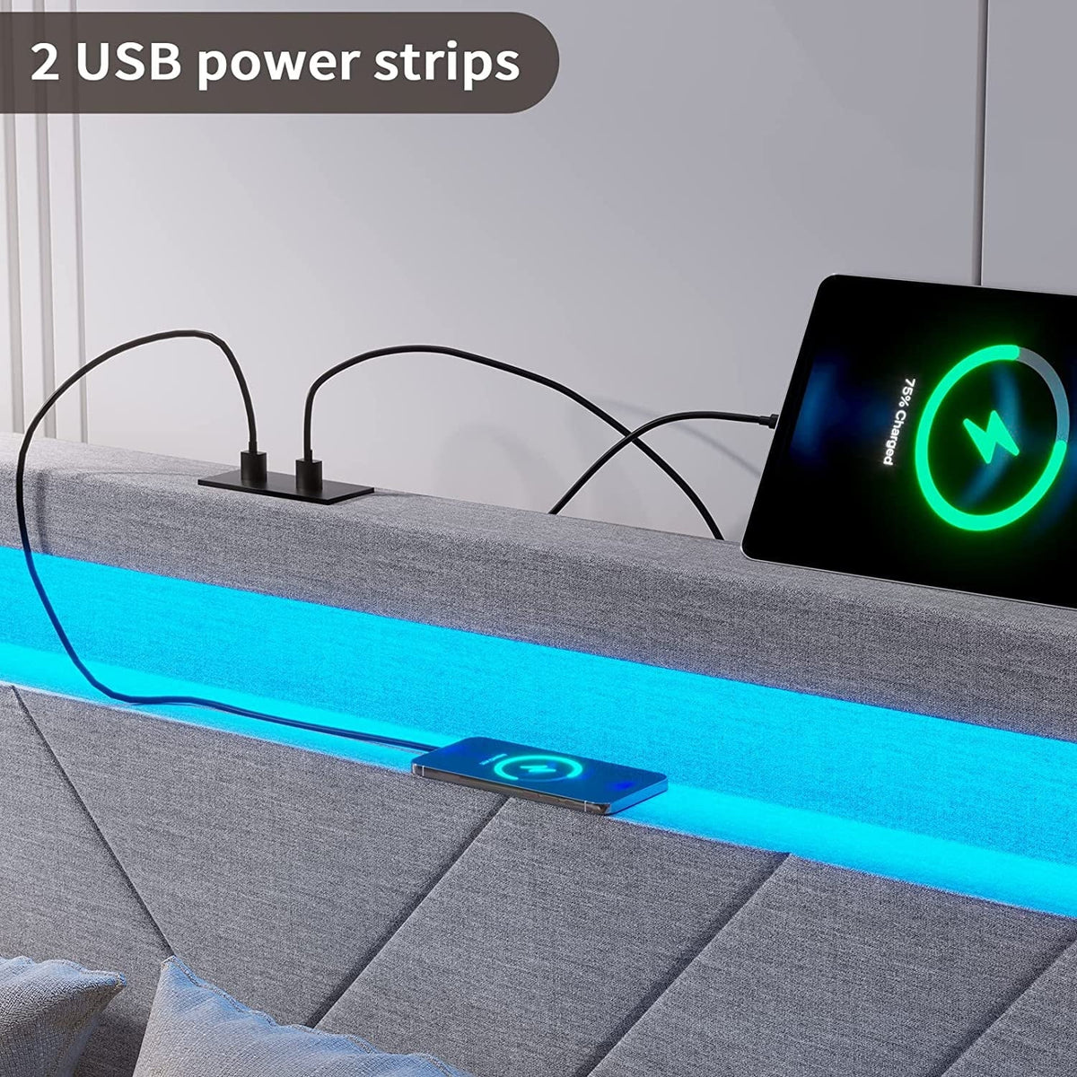 ADORNEVE Queen Size LED Bed Frame with Drawers, Upholstered Platform Bed with 2 USB Charging Station, No Box Spring Needed, Light Grey